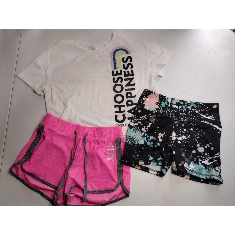 Justice Girls 3pc Activewear Set Size 10 Choose Happiness Tee Shorts Bundle